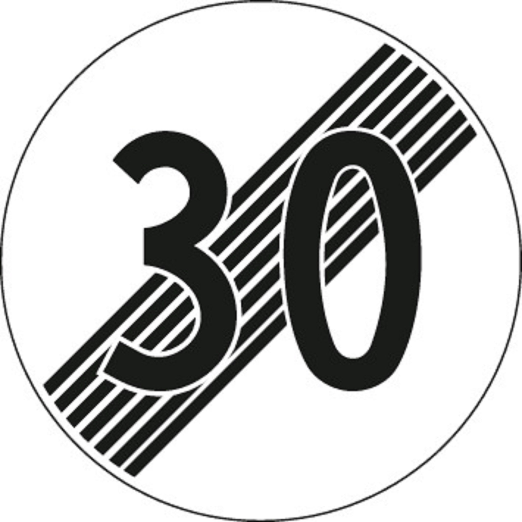 30 km/h Ende der Hochstgeschwindigkeit 2.53 Vorschriftssignale | R1, R2, R3 | SSV