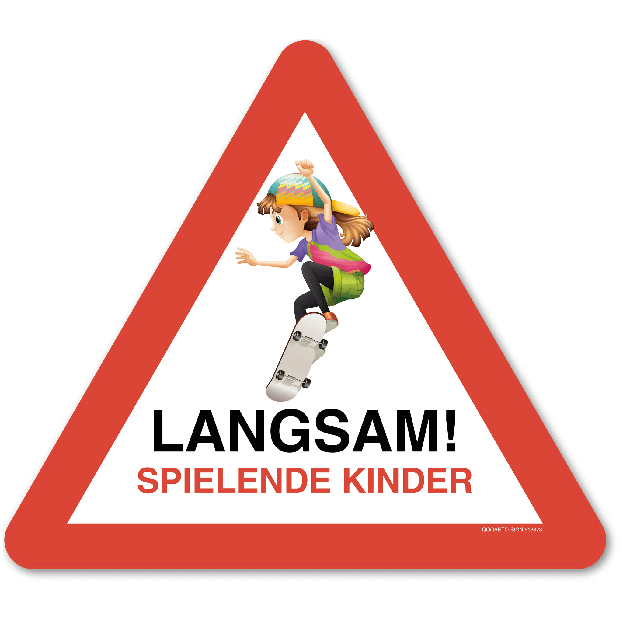 Warndreieck Langsam! Spielende Kinder Mädchen mit Skateboard, Schild oder Aufkleber