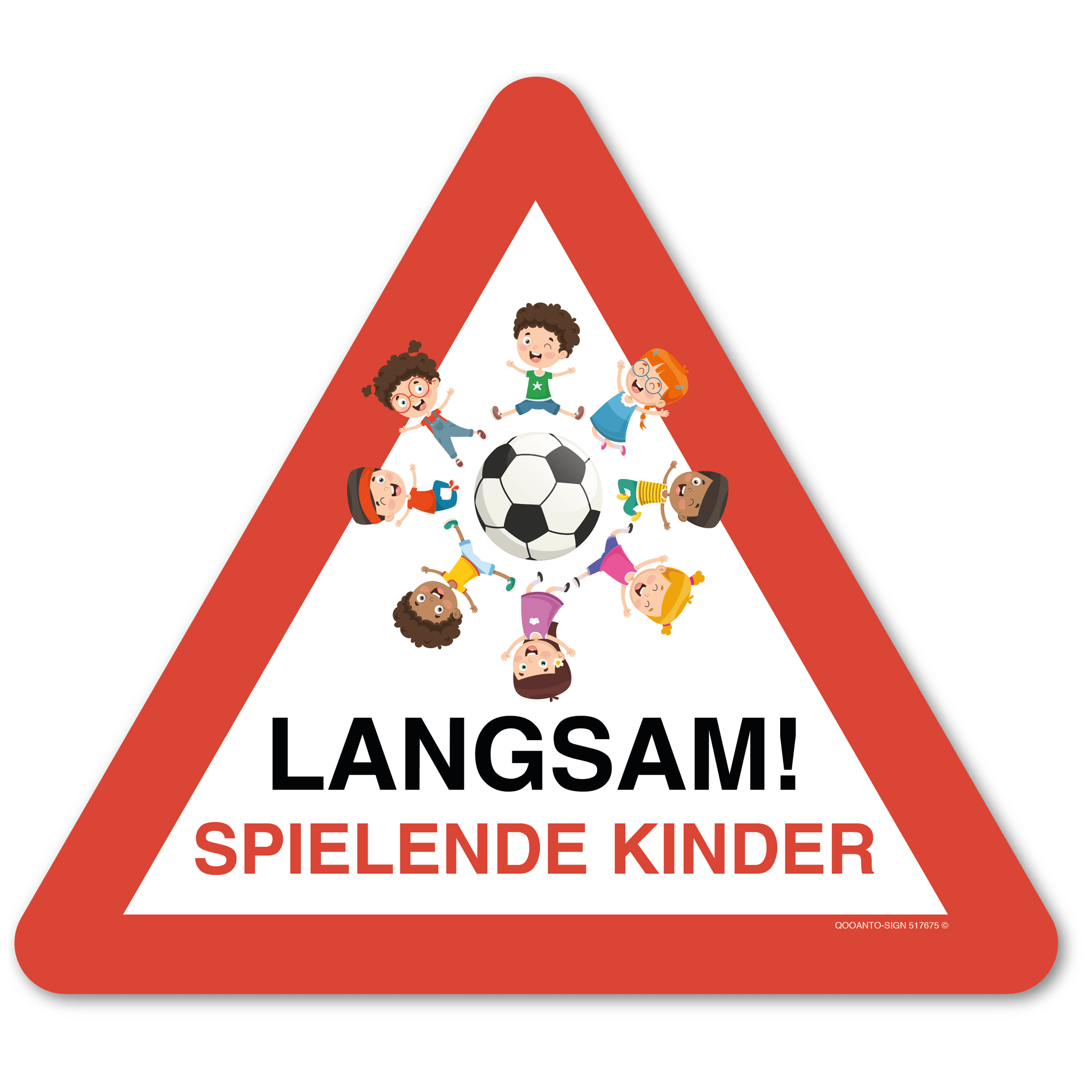 Warndreieck Langsam! Spielende Kinder mit Fussball, Schild oder Aufkleber