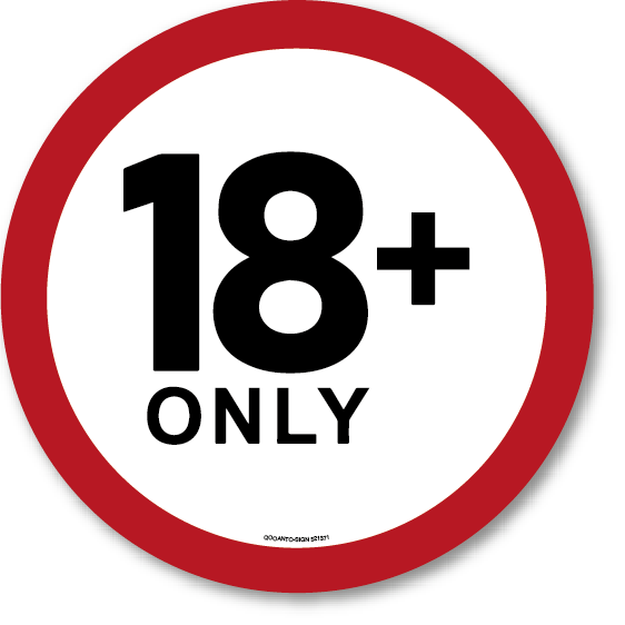 18+ ONLY, Hinweisaufkleber mit UV-Schutz, weiss/rot