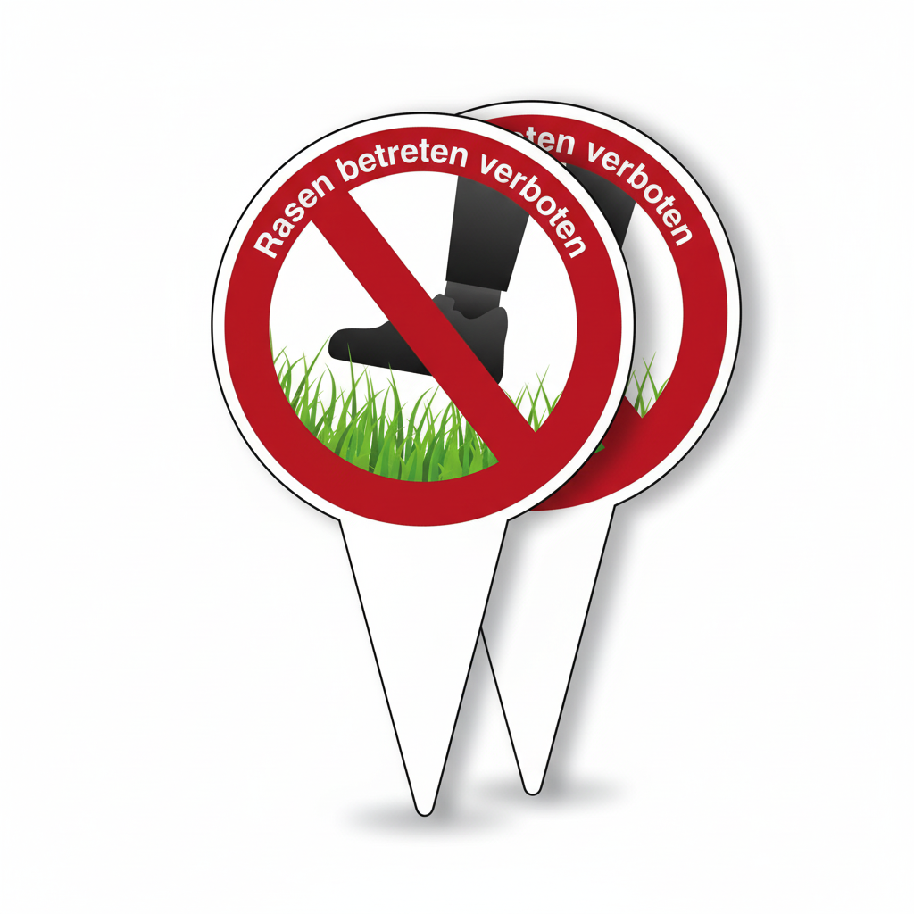 2 Stück Rasen Betreten Verboten Steckschild | Alu-Verbund | 18 x 30 cm | Weiss/Rot | Hochformat