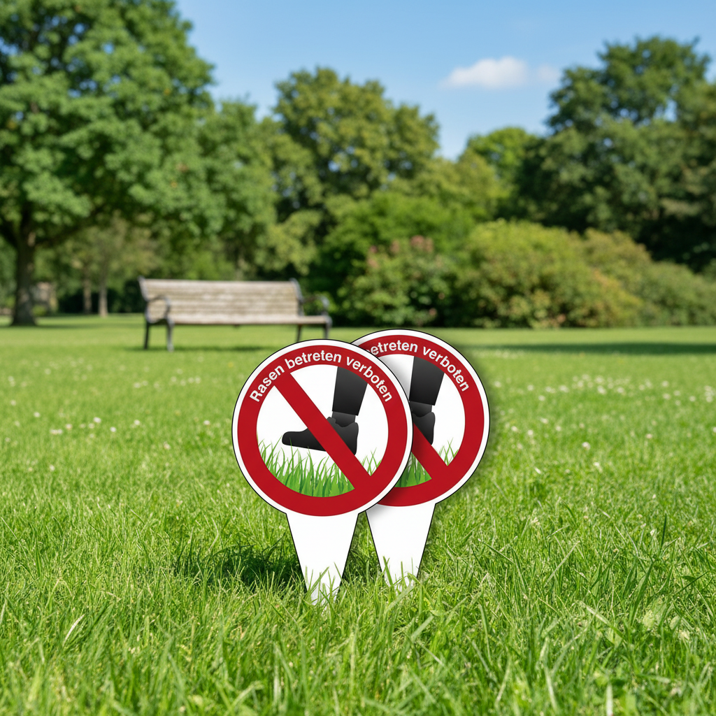 2 Stück Rasen Betreten Verboten Steckschild | Alu-Verbund | 18 x 30 cm | Weiss/Rot | Hochformat