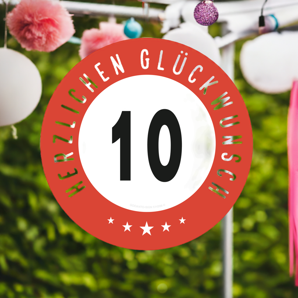 10 Geburtstag Schild Herzlichen Glückwunsch | UV-Schutz | Alu-Verbund | Weiss/Rot | Rund