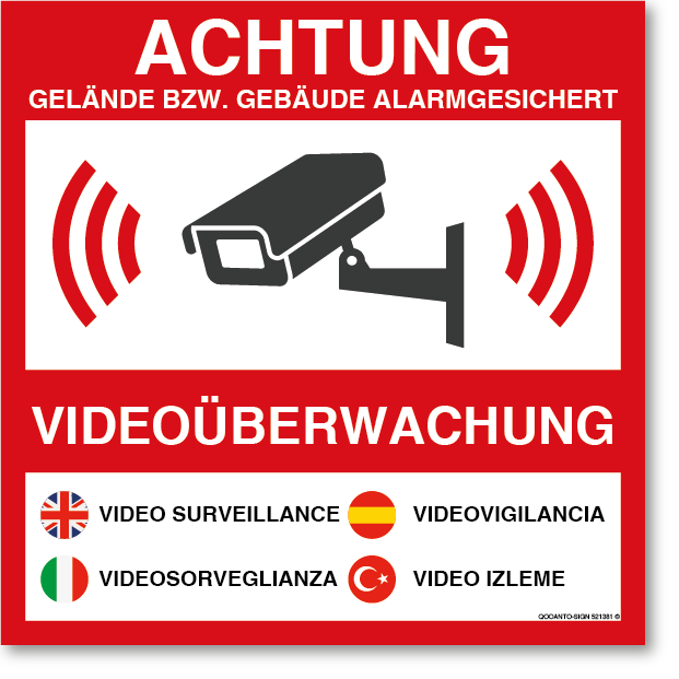 30 Stück Videoüberwachung Aufkleber ACHTUNG VIDEOÜBERWACHUNG | UV-Schutz | Klebefolie | 10.5 x 10.5 cm | Rot/Weiss, Mehrsprachig | Quatratisch