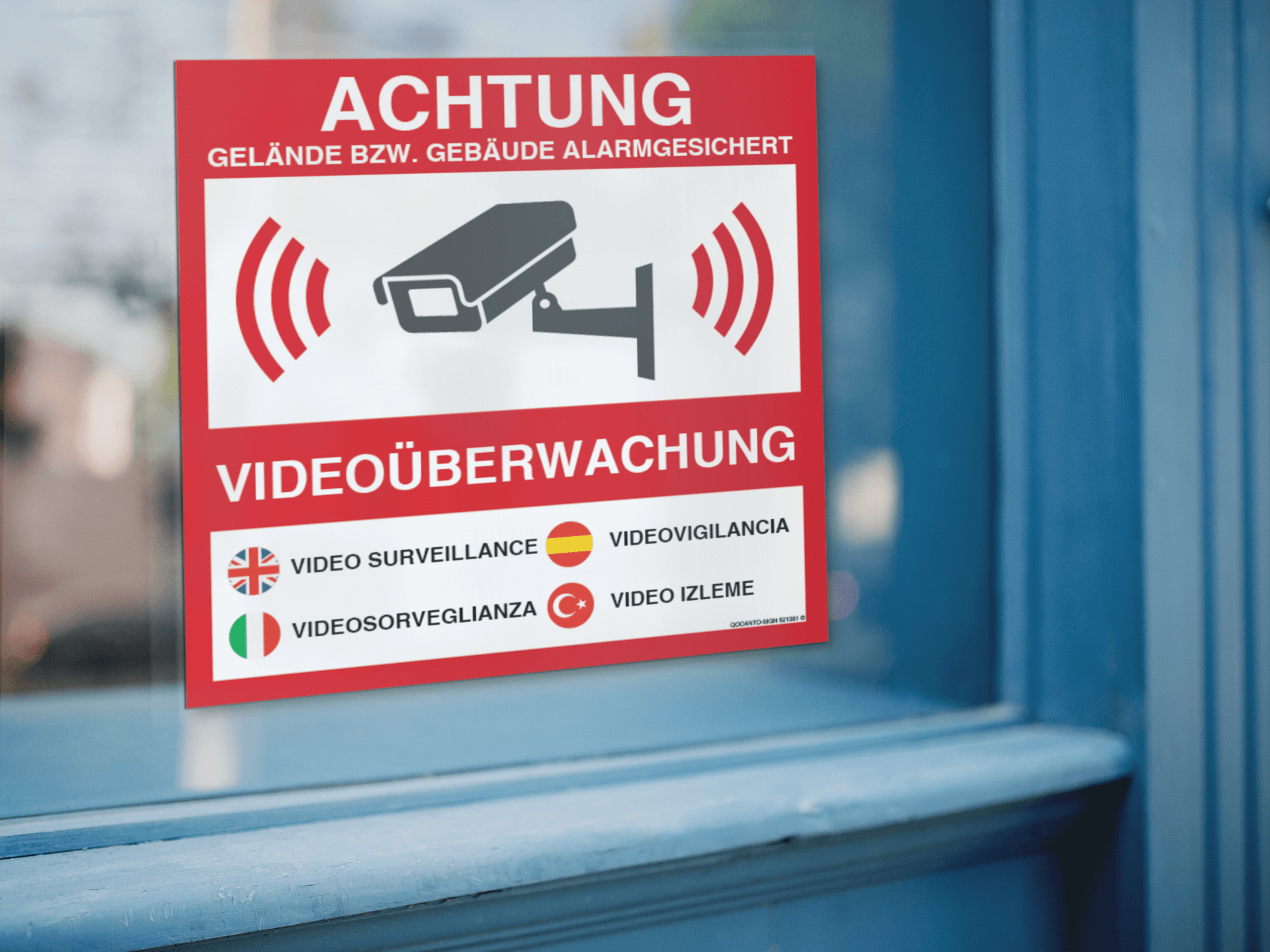 30 Stück Videoüberwachung Aufkleber ACHTUNG VIDEOÜBERWACHUNG | UV-Schutz | Klebefolie | 10.5 x 10.5 cm | Rot/Weiss, Mehrsprachig | Quatratisch