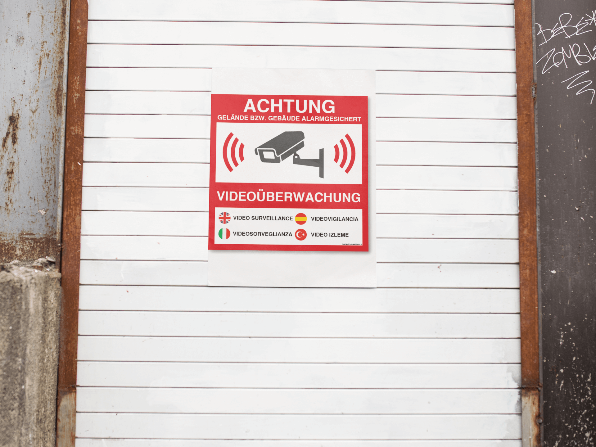 30 Stück Videoüberwachung Aufkleber ACHTUNG VIDEOÜBERWACHUNG | UV-Schutz | Klebefolie | 10.5 x 10.5 cm | Rot/Weiss, Mehrsprachig | Quatratisch