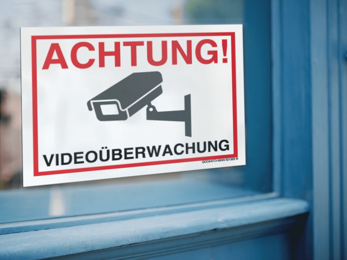 Videoüberwachung Aufkleber, ACHTUNG VIDEOÜBERWACHUNG, aus Selbstklebefolie mit UV-Schutz - QOOANTO-SIGN